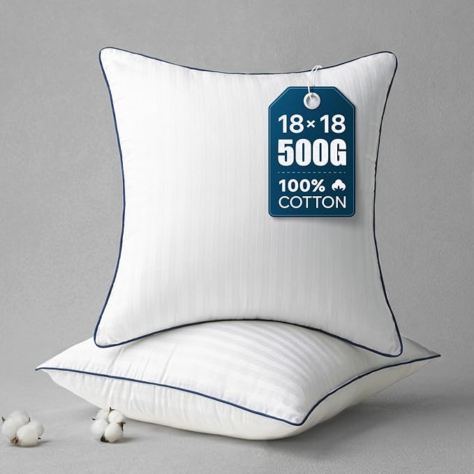 Phantoscope 18x18 Pillow Inserts, Decorative Throw Pillow Inserts with 100% Cotton Striped Cover, Virgin Fiber Pillow Sham Stuffer, Square Couch Cushion Pillows, Pack of 2, 18x18 Inch