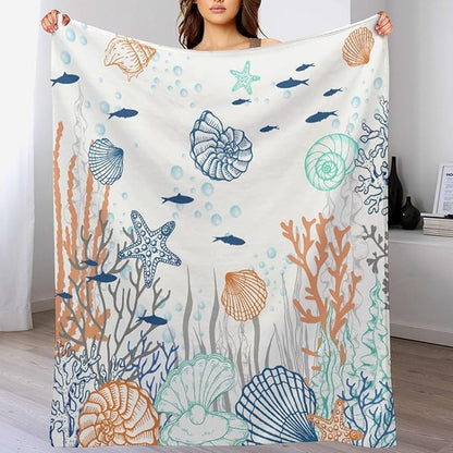 Nautical Coastal Blanket, Starfish Seashell Coral Beach Themed Drapes Ocean Orange Blue Teal Conch Print Throw Blankets for Sofa Couch Bed Room Birthday Decor, 30"x40"