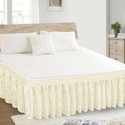 Twin Bed Skirt, Wrap-Around Elastic Ruffled Eyelet Bed Skirt Twin Size Dust Ruffle with Gathered Styling and Embroidered Details, 18" Drop Length (Light Yellow)