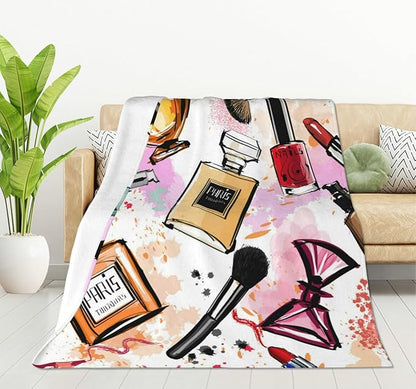 HGOD DESIGNS Women Cosmetics Perfume Lipstick Series Fleece Bed Blanket Throw Blanket Lightweight Cozy Plush Blanket for Bedroom Living Rooms Sofa Couch 50"x60"