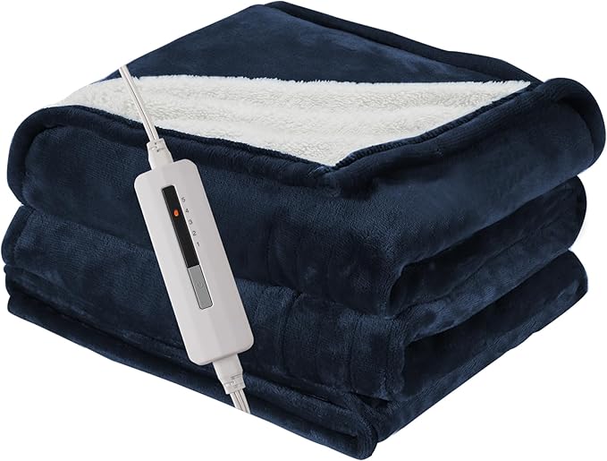 Electric Blanket Twin Size 62" x 84" Thickened Flannel and Sherpa Heated Blanket,10 Hours Timer Auto-Off,5 Heating Levels,for Bedroom Office Couch,Navy Blue