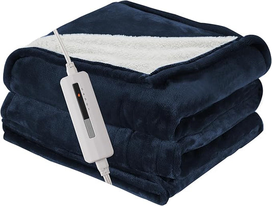 Heated Electric Blanket Throw Size 50"x60" Thickened Flannel and Sherpa Heated Blanket,3 Hours Timer Auto-Off & 5 Heating Levels,for Bedroom Office Couch-Navy Blue