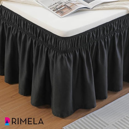 RIMELA Black King Size Bed Skirt 12 Inch Drop, Elastic Bed Skirts Cal King Dust Ruffle, Black Bedskirt for Adjustable Bed Base Solid Fade Resistant Silky Fabric Machine Washable Easy to Install