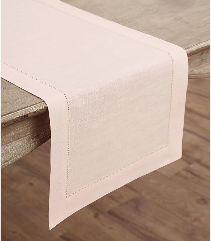 Solino Home Linen Pink Table Runner 120 Inches Long - 100% Pure Linen Hemstitch 14 x 120 Inch Table Runner for Dining, Christmas - Classic Hemstitch