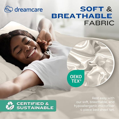 DREAMCARE Queen Size Sheets - Cooling Bed Sheets - 4pcs Set - up to 15" Deep Pocket Queen Sheet Set - Sheets Queen Size Bed - Soft & Long Lasting 100% Fine Brushed Polyester with Side Pocket - Ivory