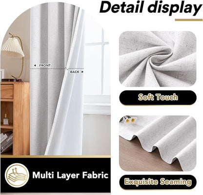 PrinceDeco Natural Linen Curtains 100% Blackout Curtains for Living Room 96 Inch Long,Heat & Light Blocking Curtains for Kids Bedroom Thermal Insulated Window Drapes 2 Panels Set - Heathered White