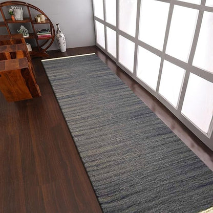 Rugsotic Carpets Hand Woven Flat Weave Kilim Wool ECO-Friendly Area Rugs - 2'6''x12', Runner Shape, Silver Color, Solid Plain Design, Low Pile Handmade Rugs for Living Room, Bed Room (D00111)