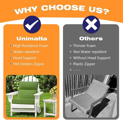 Outdoor High Back Chair Cushion Seat Pads, 44 x 21 Inch Water-Repellent & Fade-Resistant Patio Furniture Cushions with Ties for Adirondack, Rocking Chairs, Lawn Green