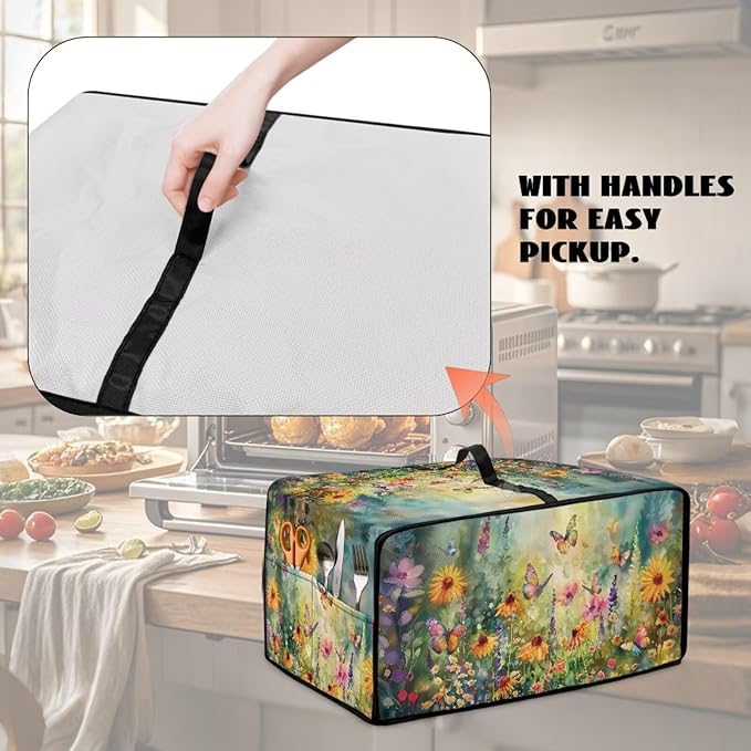 Microwave Oven Dust Cover with Storage Bags Waterproof Microwave Oven Grill Cover Protector Universal Reusable Decor Accessories for Kitchen, Vintage Daisy Sunflower Floral Butterfly Print, S