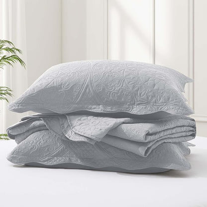 IR Imperial Rooms King Quilt Bedding Set Size (106" x 96") + 2 Pillow Shams (20" x 36"+ 2") - 3 Pcs All Season Lightweight Reversible Microfiber Coverlet Floral Embossed Quilt Bedspread (Silver)
