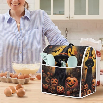 Halloween Mixer Covers - Black Cat Pumpkin Indoor Kitchen Decorations, Polyester Dustproof Cover with Pockets, Compatible with 4.5-5 Quart Stand Mixer