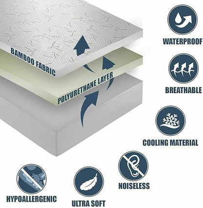 Bamboo Cooling Mattress Protector with Zipper - 100% Waterproof Twin Size Mattress Cover - Ultra Soft Jacquard Fabric Breathable Noiseless Mattress Pad Covers - Zippered Mattress Encasement