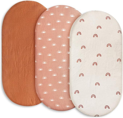 Gllquen Baby Muslin Bassinet Sheets 3 Pack, Breathable Elastic Cozy Fitted Cotton Bassinet Mattress Sheet for Baby Boy Girls, Fit for Hourglass Oval Rectangular Cradle Pad Sheets 33"x17"(Rainbow)