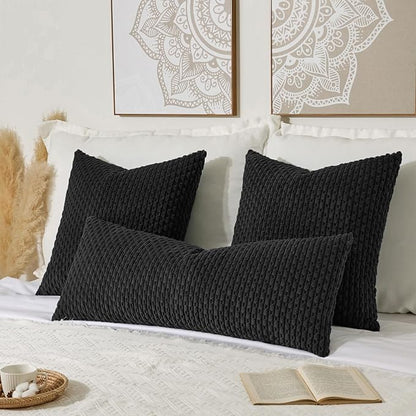Kevin Textile 14x36 Inch Long Lumbar 1 Pack Boho Decorative Throw Pillow Cover Soft Striped Corduroy Rectangle Cushion Case Farmhouse Accent for Living Room Couch Sofa Bed, Black