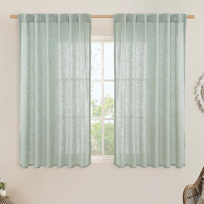 LAMIT Light Sage Linen Curtains 45 Inches Long for Bedroom, Light Filtering Panels Back Tab and Rod Pocket Neutral Drapes for Kitchen/Window/Loft Room, 52 x 45 Inch, 2 Panels