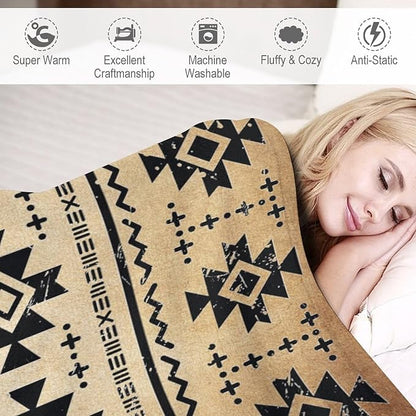 Tribal Aztec Throw Blanket, Southwestern Native Blanket, Vintage Ethnic Abstract Geometric Print Throws Cover for Couch Chair Sofa Bed Outdoor Beach Travel 60"x80"