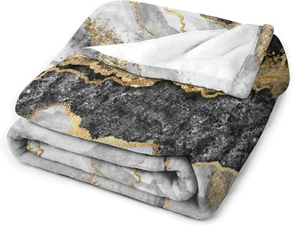 Modern Marble Blanket, Abstract Luxury Baroque Golden Black White Stone Veins Pattern Soft Warm Cozy Plush Flannel Covers for Livingroom Bedroom Couch Chair Camping Travel Home Decor Tapestry 60x80in