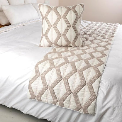 The HomeCentric Ivory Bed Runner Without Pillow Cover, Full Size 68"x18" Decorative Bed Runner, Ivory & Taupe Linen Bed Scarf in Quilted Pattern & Linen Embroidery - Pattern Flatter