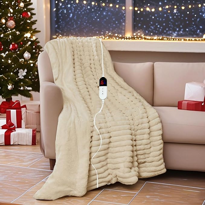 Heated Electric Blanket Throw: 6-Level Fast Heating, 4-Hour Auto-Off, Soft&Warm Stripe Faux Rabbit Fur, for Couch Home Office, with Overheating Protection & ETL Certified (50 x 60,Khaki)