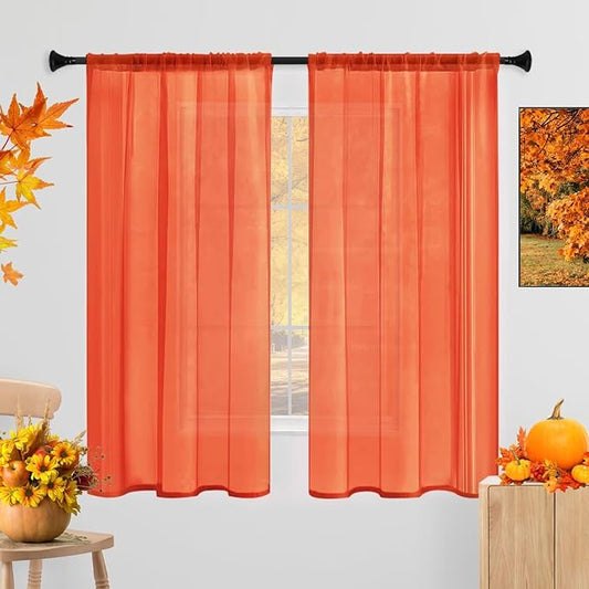 Sheer Curtains 63 Inches Long 2 Panels, Rod Pocket Short Curtain for Kitchen, Bedroom, Cafe Window(Burnt Orange 38" W x 63" L)
