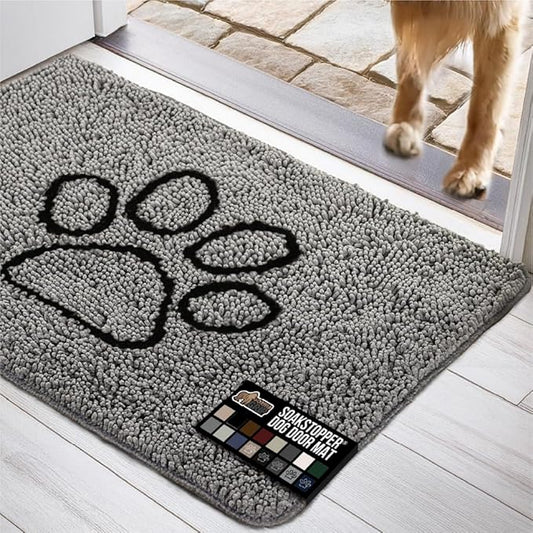 GORILLA GRIP SOAKSTOPPER Dog Door Mat, 48x30 Machine Washable Rug Absorbent Doormat Captures Moisture Mud Dirt, Quick Dry Soft Chenille Entryway Rugs Indoor Entrance Mats for Dog Paws, Paw Gray
