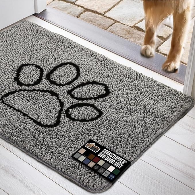 GORILLA GRIP SOAKSTOPPER Dog Door Mat, Machine Washable Rug Absorbent Doormat Captures Moisture Mud Dirt, Quick Dry Soft Chenille Entryway Rugs Indoor Entrance Mats for Dog Paws, 24x17 Paw Gray