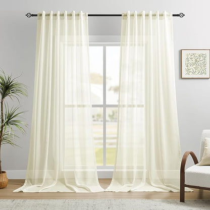 Dreaming Casa Ivory Sheer Curtains 96 Inches Long, Rod Pocket & Back Tab Light Filtering Textured Sheers for Living Room Bedroom, 2 Panels, Each 52" W x 96" L