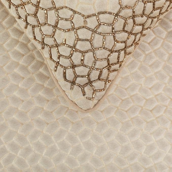 The HomeCentric King/Queen/Twin Ivory & Gold Designer Twin 53"x18" Bed Runner Without Pillow Cover, Mosaic & Beaded Bed Scarf on Jacquard Fabric - Tessellation