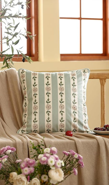 Square Throw Pillow Covers Pack of 2,Green Cozy Velvet Farmhouse with Flowers and Leaves Pattern Pillowcases,Decoration Pillows Cushion Covers for Couch Sofa Bed Car Chair,18"x18"