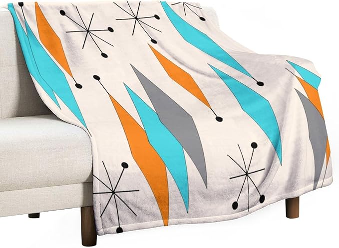Mid Century Flannel Throw Blankets, Mid Century Modern Geometric Atomic Shapes Orange Retro Style Boho Print Blanket for Bed Couch Sofa Fuzzy Tv Throws 30"x40"