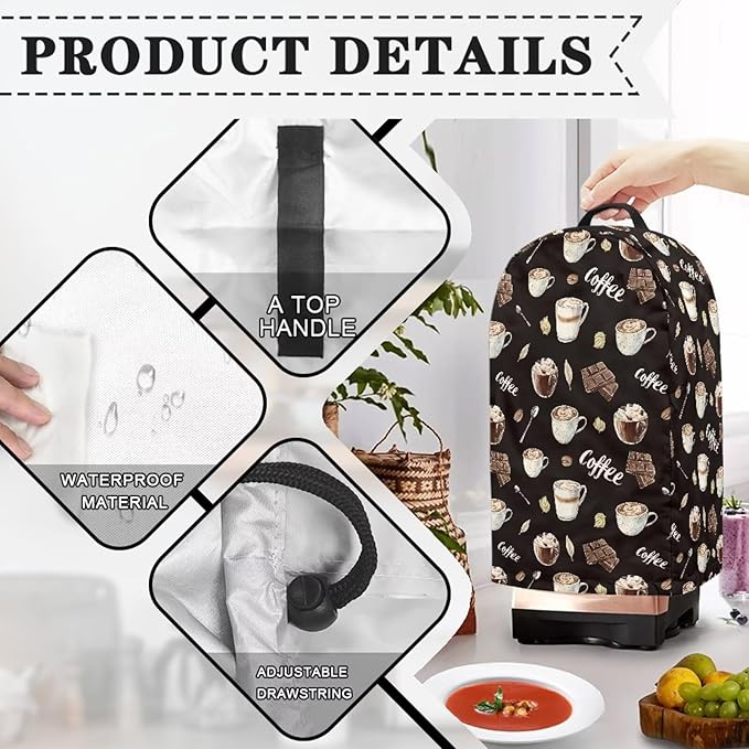 Chocolate Coffee Cups Blender Cover for Kitchen Food Processor Cover Dust Foldable Coffee Appliance Cover Universal Design with Top Handle