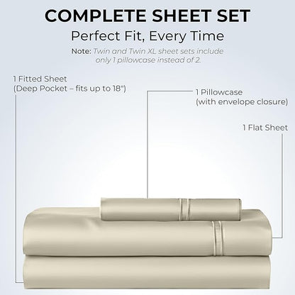 100% Natural Cotton Bed Sheets | 500 TC Single-Ply Sateen Weave Twin XL Sheets | Breathable & Hypoallergenic Solid 3-Piece Bedding with Deep Pocket Fitted, Flat, Pillowcase | Cream Beige