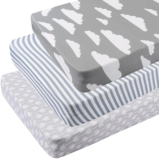 Onacosht Pack n Play Sheets 3 Pack for Baby Unisex, Stretchy Jersey Knitted Portable Mini Crib Sheets Playard Mattress Cover for Baby Boys and Girls, Clouds Stripes and Arrow Printing