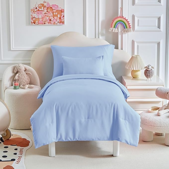 Toddler Bedding Set - 5 Piece Soft and Breathable Toddler Bed Set for Boys and Girls, Includes Quilted Comforter, Fitted Sheet, Flat Top Sheet, Standard Pillowcase and Toddler Pillowcase, Light Blue