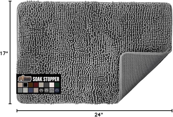 GORILLA GRIP SOAKSTOPPER Dog Door Mat, Machine Washable Rug Absorbent Doormat Captures Moisture Mud Dirt, Quick Dry Soft Chenille Entryway Rugs Indoor Entrance Mats for Dog Paws, 24x17 Gray