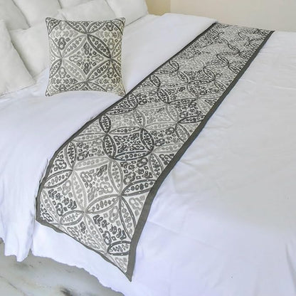 The HomeCentric King/Queen/Twin Gray Designer Full 68"x18" Bed Runner with One Pillow Cover, Moroccan, Pearl, Geometric & Embroidered Bed Scarf on Embroidered Fabric - Meryem