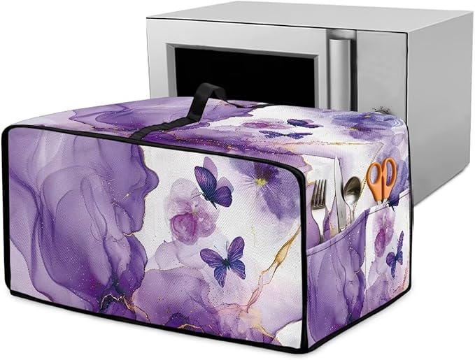 Countertop Microwave Oven Cover with Side Pockets, Dust Protection Small Appliance Toaster Ovens Dust Cover, S, 14.5 x 18.5 x 9 Inches, Violet White Marble Butterfly