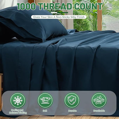 1000 Thread Count Egyptian Cotton Sheets Queen Size Set 4PCS Sateen Weave Soft Breathable 16-Inch Deep Pocket（Queen,Navy）