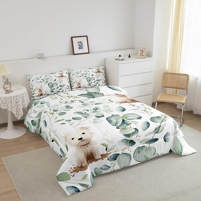 Erosebridal Cute Dog Bedding Queen Size for Kids Child Green Eucalyptus Comforter Set Queen, Pet Animal Duvet Insert Botanical Plant Leaves Quilt Set, Cartoon Pug Puppy Bedding Comforters & Sets