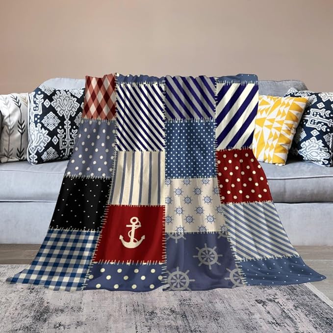 Nautical Blanket Vintage Coastal Rustic Red Blue White Polka Dot Stripe Anchor Patchwork Soft Cozy Lightweight Throw Blanket for Women Men Bedroom Living Room Dorm Chair Sofa Travel 60x80in