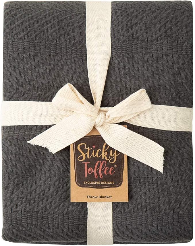 Sticky Toffee Cotton Throw Blanket, 60 x 50 Inch, Dark Gray Herringbone Weave, Soft Lightweight Woven Blanket for Couch, Boho Farmhouse Style