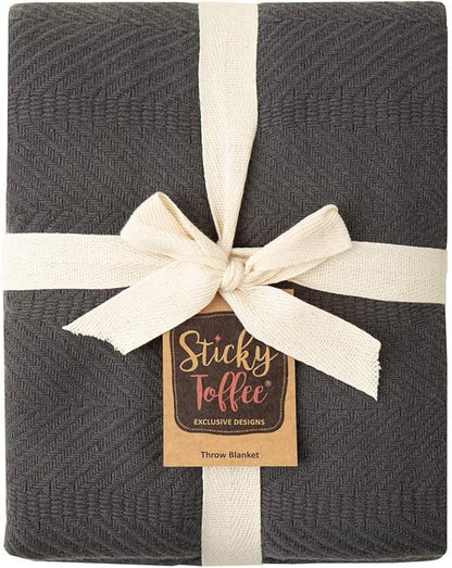 Sticky Toffee Cotton Throw Blanket, 60 x 50 Inch, Dark Gray Herringbone Weave, Soft Lightweight Woven Blanket for Couch, Boho Farmhouse Style