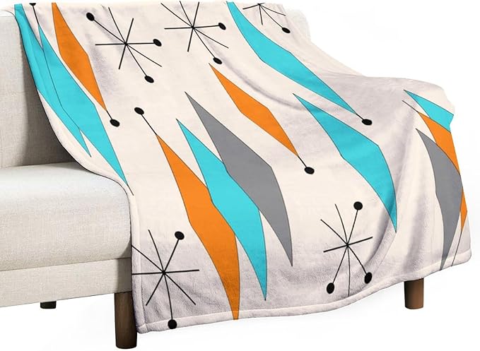 Mid Century Flannel Throw Blankets, Mid Century Modern Geometric Atomic Shapes Orange Retro Style Boho Print Blanket for Bed Couch Sofa Fuzzy Tv Throws 60"x80"