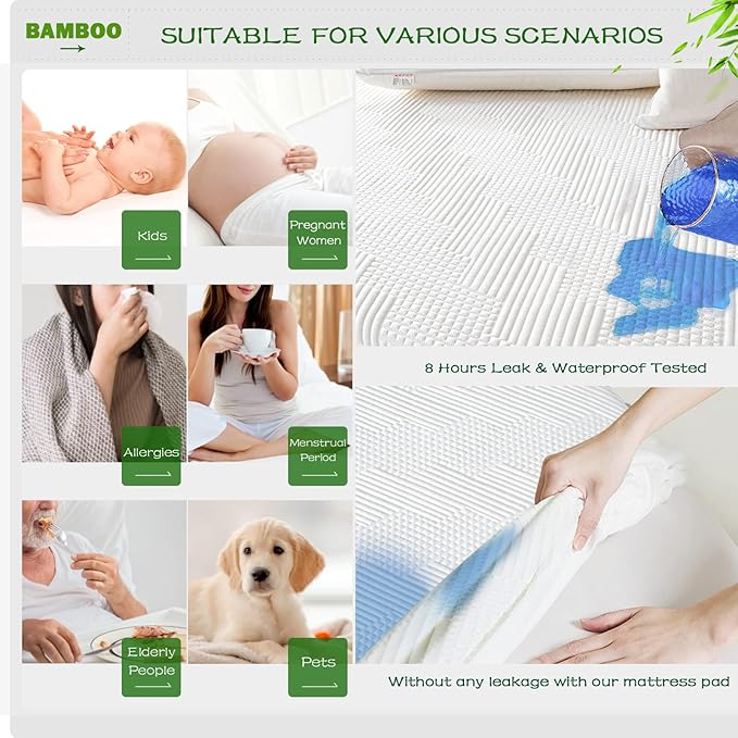 GRT King Waterproof Mattress Protector Rayon Bamboo - 3D Air Fiber Cooling Mattress Cover Breathable Ultra Soft, Mattress Pad Noiseless Fits up to 26'' Deep Pocket Washable