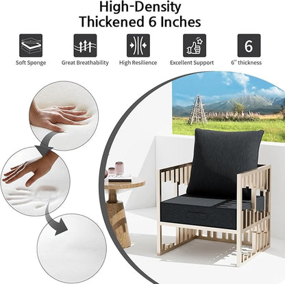 Outdoor Olefin Water-Resistant Deep Seat Cushion Set, 24''x 24''x 6'' Weather and Fade Resistant Patio Furniture Seat Cushion, Thickened Sofa Chair Pad with Straps for Lawn, Garden, Dark Gray