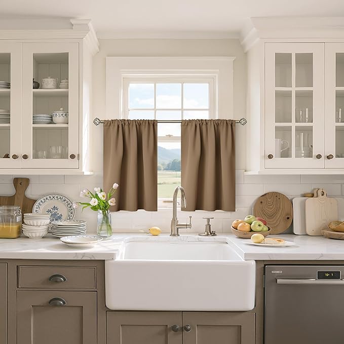 BGment Taupe Small Blackout Curtains 36 Inches Length - Short Thermal Insulated Drapes with Rod Pocket Room Darkening Privacy for Bathroom Kitchen, 34 x 36 Inch, 2 Panels