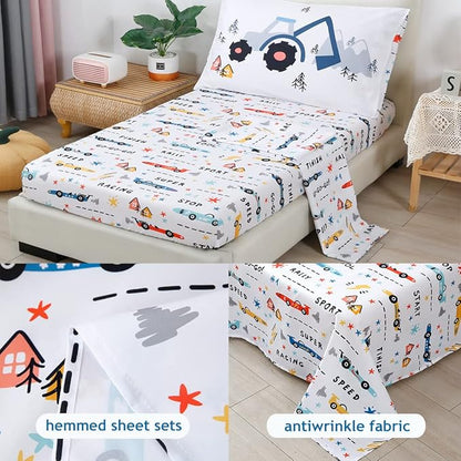 PERFEMET 5-Piece Kids Comforter Full Size Set Reversible Trucks Cars Bedding Comforter Set for Boys Girls Ultra Soft Lightweight Blue White Boy Bed in a Bag for All Season(Cars, Full)