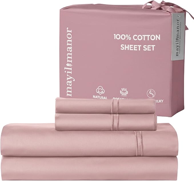 100% Natural Cotton Sheets Queen Size Bed Set | 500 TC Single-Ply Sateen Weave | Soft, Breathable, Hypoallergenic Solid 4-Piece Bedding with Deep Pocket Fitted, Flat, Pillowcase | Blush