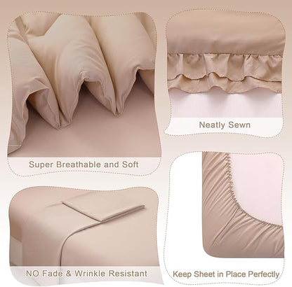 Wowelife 4 Pieces Toddler Bedding Sets for Girls Boys Beige Toddler Bed Set Double Ruffles Boho Bohemian Jacquard Kids Bed in a Bag Includes Comforter, Fitted Sheet, Top Sheet and Pillowcase