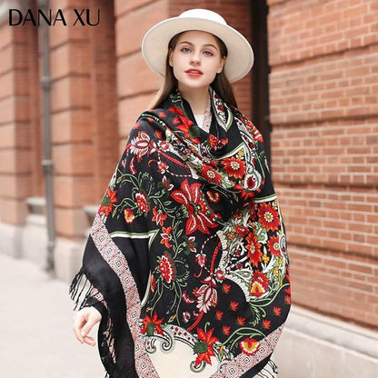 DANA XU 100% Merino Wool Pashmina Shawl for Women 96"x43", Oversized Cashmere Wrap with Tassels, Floral Travel Blanket Cape